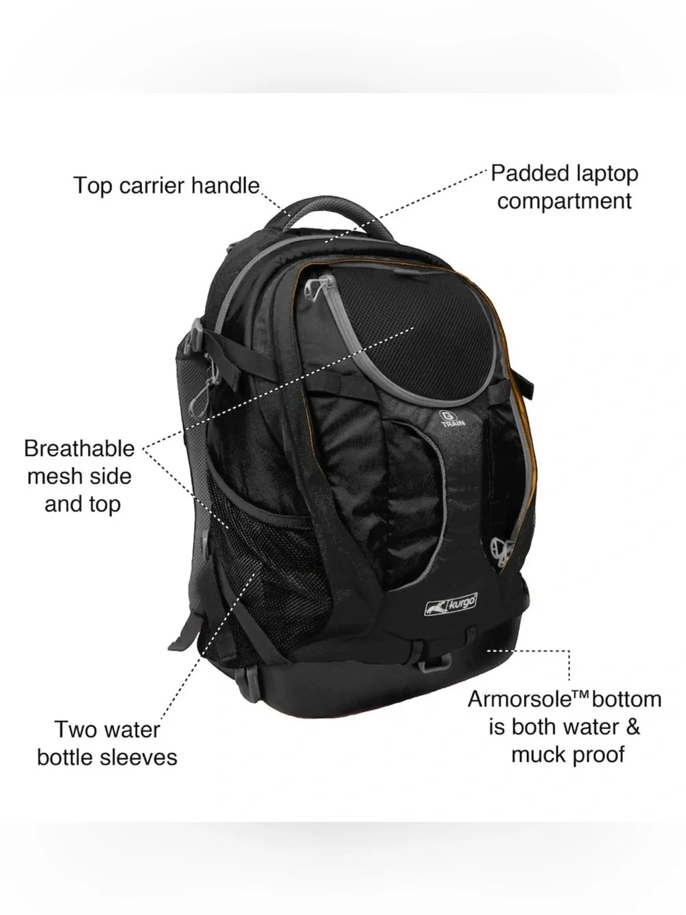 Kurgo G-Train Black and Orange Travel Backpack for Men
